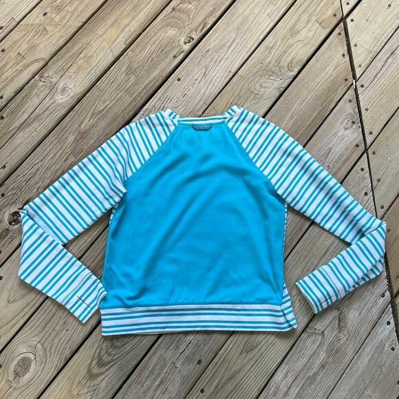 Lululemon Women's Voyage Pullover Top 100% Tencel Silk Blue Stripe Size 10 - Picture 2 of 6